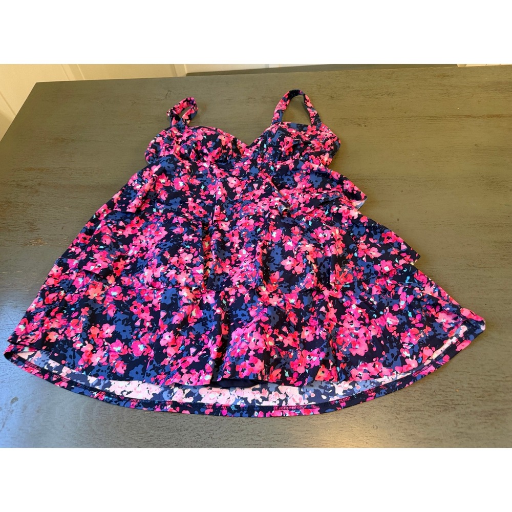 Floral Tiered Swim Dress One Piece Swimsuit Pink Navy Blue Size 10 5538096